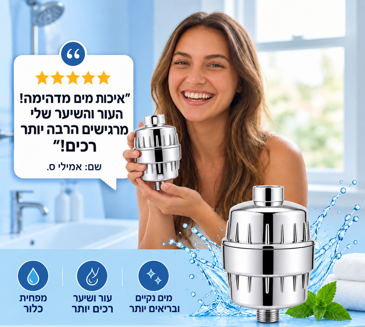 מסנן מקלחת AVELO - פחות כלור וחלודה, בכל מקלחת